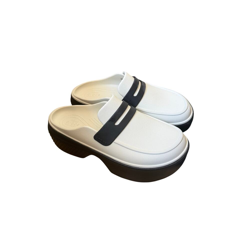 Crocs Stomp Loafer White Linen Black Shoes Womens 9 Mens 7 - Picture 2 of 5